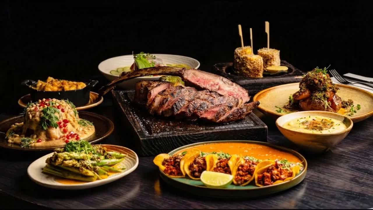 A table of Origen dishes centered around a mesquite-fired steak