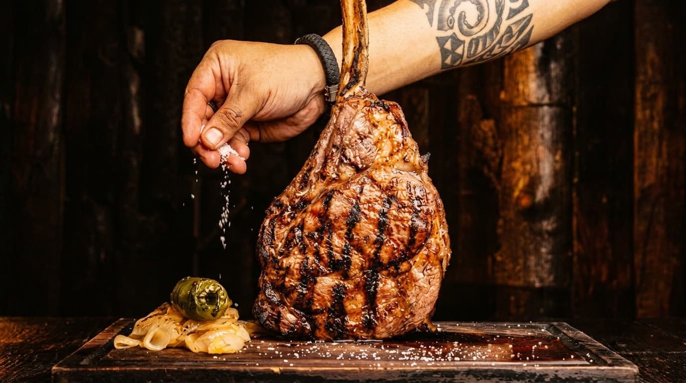Chef seasoning a mesquite-grilled tomahawk steak