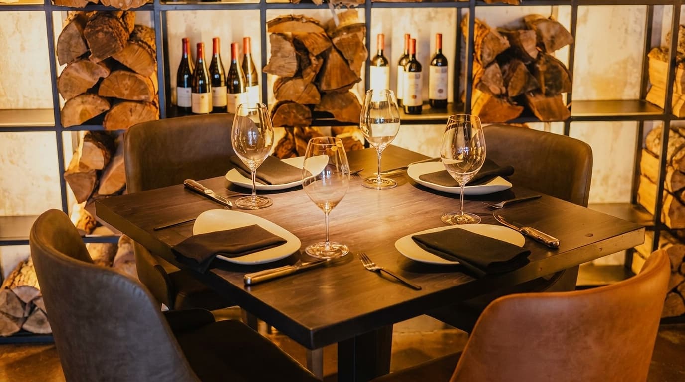 Private dining table at Origen with wine bottles and mesquite wood